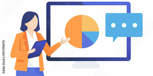 Woman presenting data analysis on a computer screen with speech bubble