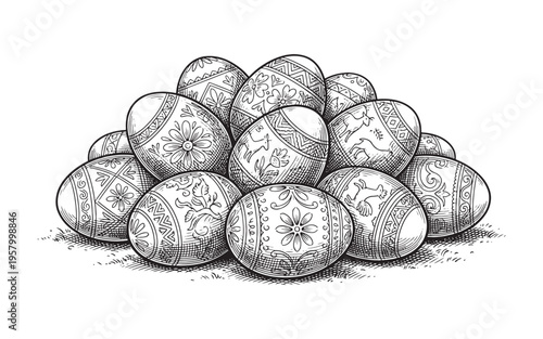 pile of decorated Easter eggs engraving vector illustration