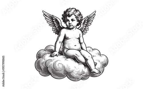Foto baby angel or cherub sitting on a fluffy cloud