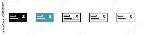 Money check icons collection in black and blue colors