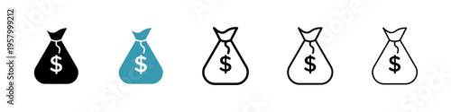 Money bag icons collection in black and blue colors