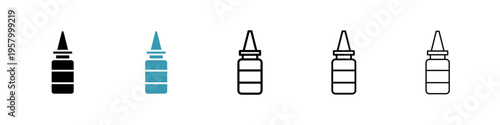 Nasal spray bottle icons collection in black and blue colors