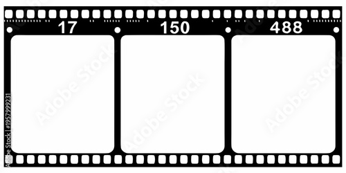 Black film strip with three empty frames and exposure numbers
