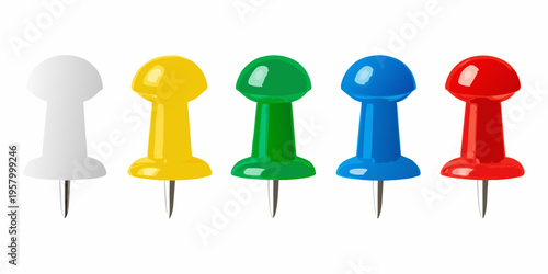 Five colorful plastic push pins arranged in a horizontal row