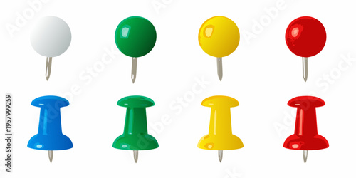 Colorful push pins arranged in two rows on a white background