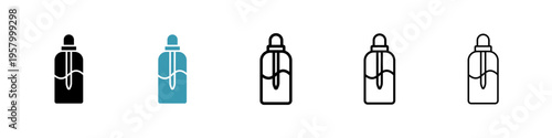 Oil dropper bottle icons collection in black and blue colors