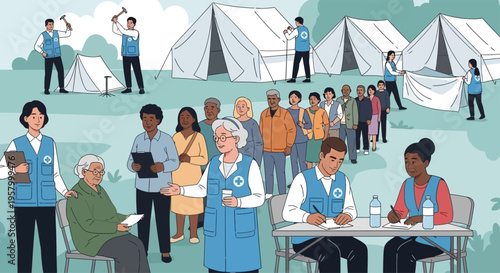 Diverse group of people receiving aid at a relief camp.