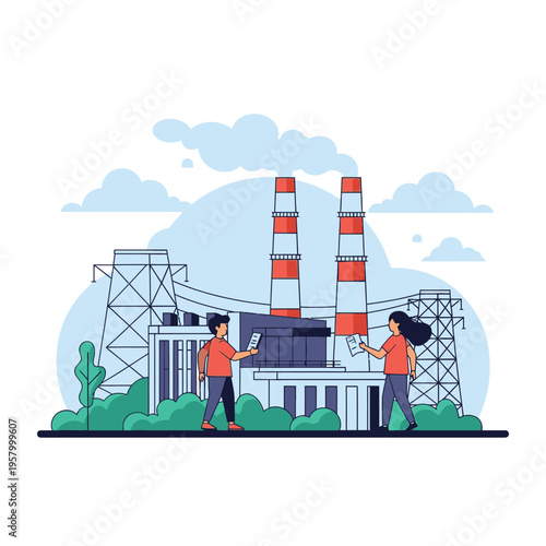 Industrial Power Plant with Two People Observing.