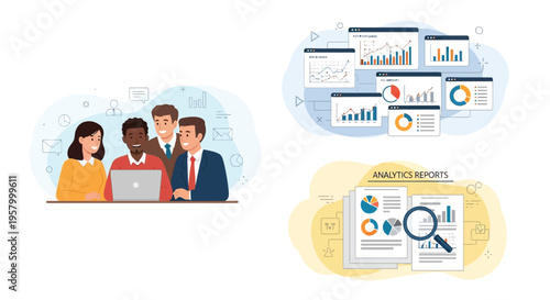 Diverse team collaborates on business analytics and financial reports.