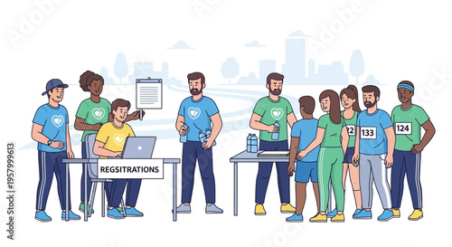 Group of people registering for a race event outdoors.