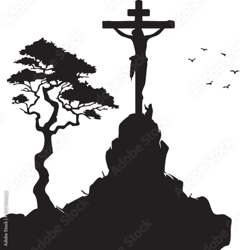 Black silhouette crucifixion scene with cross on rocky hill, twisted tree, and flying birds – JPEG religious illustration