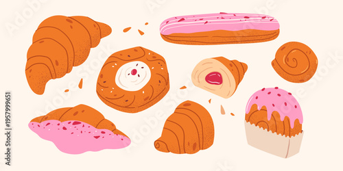Set of pastries in pink filling. Croissants, cream bun, eclair, cromboloni. Hand drawn for cafe menu, bakery branding, food packaging.