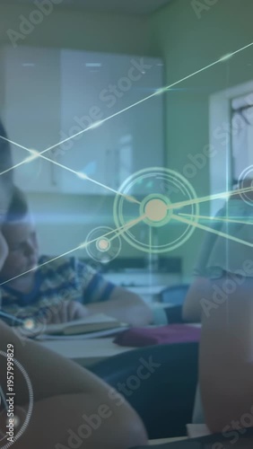 Vertical video: Students writing in classroom, HUD network appearing, expanding, showing learning