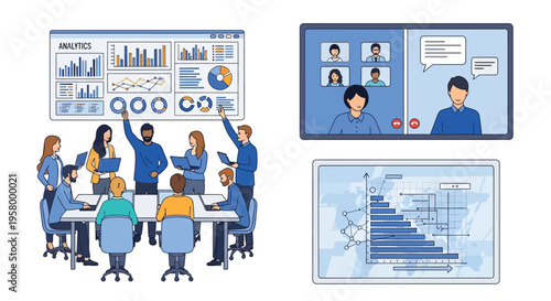 Diverse team collaborates on business analytics and remote communication strategies.