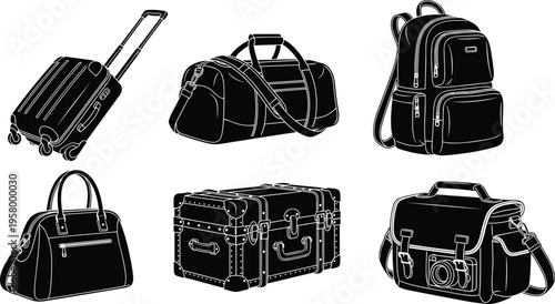Collection of six different travel bags and luggage silhouettes including suitcase, duffel, backpack, handbag, trunk, and camera bag illustration