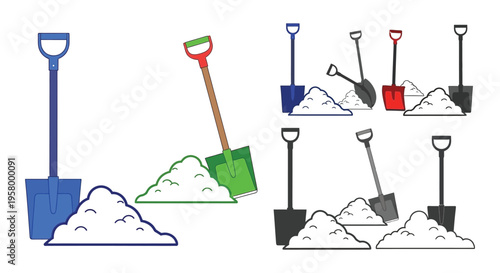 Colorful garden shovels and piles of dirt displaying a dark silhouette
