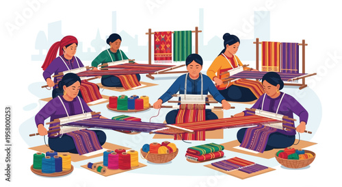 Group of women weaving colorful textiles together.