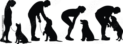 Dog training and owner interaction silhouettes set with pet obedience moments, human and dog bonding scenes in black vector illustration collection