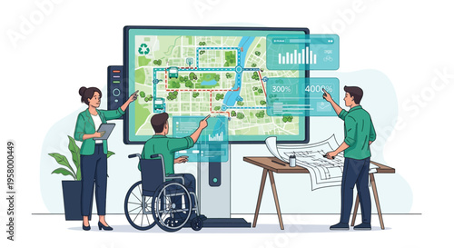 Diverse team collaborates on urban planning project using interactive technology.