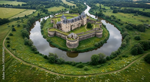 穏やかな自然光が降り注ぐ広大な緑の平野にそびえ立つ 歴史ある壮麗な古城 緩やかに湾曲する堀がその威厳ある姿を優しく包み込み雄大な景色を織りなす空撮