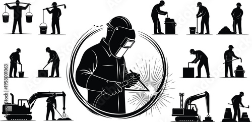 Industrial construction workers silhouettes with welder sparks, heavy machinery, manual labor activities, building site teamwork and engineering professions illustration