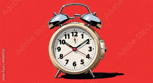 Vintage Alarm Clock on Red Background - Time Management Concept.
