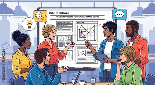 Diverse team collaborates on user interface design project.