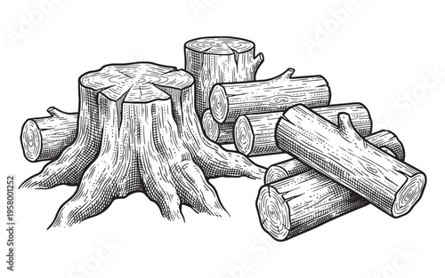 Wooden tree stump with pile of cut logs vintage sketch illustration