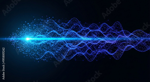 Vibrant blue light beam with wavy particle trails on dark background representing digital energy and technology