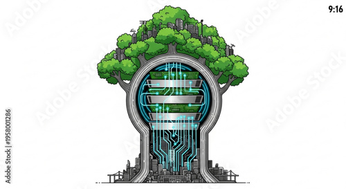 Futuristic tree with green leaves and circuit board inside a lightbulb on white background symbolizing innovation and technology in nature