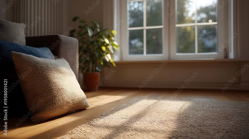Obraz premium Warm sunlight filters through a window creating patterns on a plush rug and a comfortable sofa in a tranquil living room interior