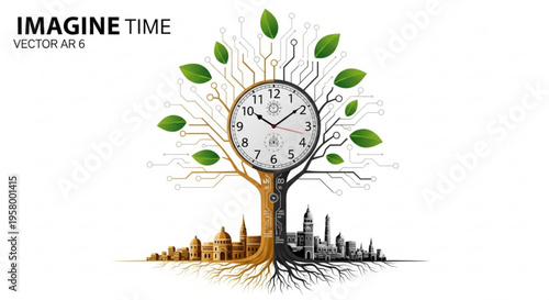 Tree with clock face and cityscape roots symbolizing time and urban growth