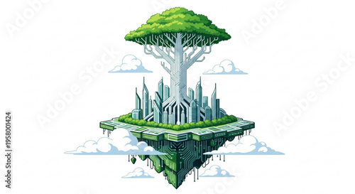 Floating island with tree and ice spikes in fantasy landscape with clouds