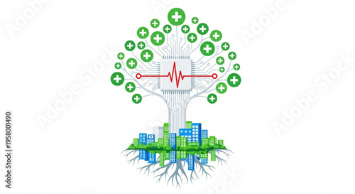 Eco friendly cityscape with tree green leaves and red heartbeat line symbolizing sustainable urban living and environmental health