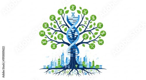 Genetic engineering concept with dna tree and cityscape background symbolizing biotechnology and urban nature