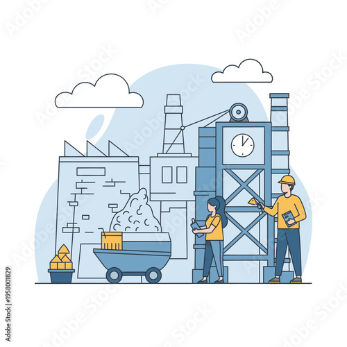 Industrial Site with Workers and Machinery.