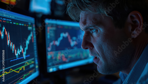 Man watching volatile stock charts on multiple monitors with concerned expression