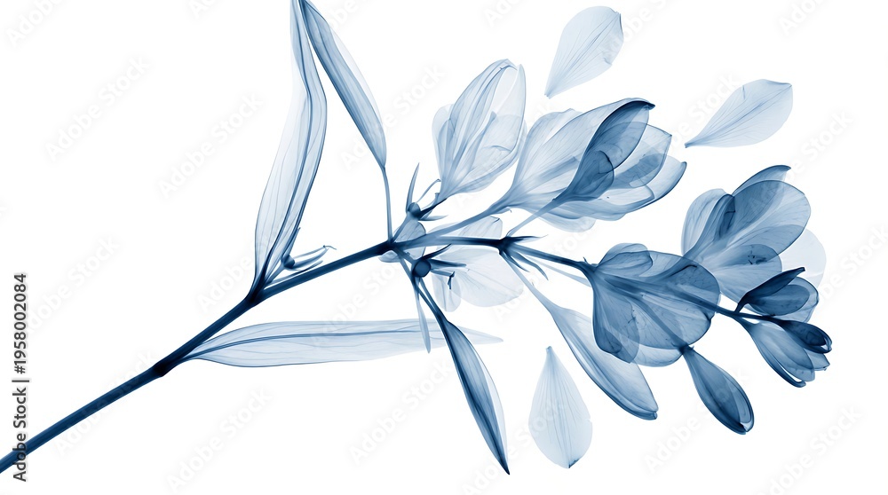 Obraz premium A delicate blue-toned representation of a branch with leaves on a white background