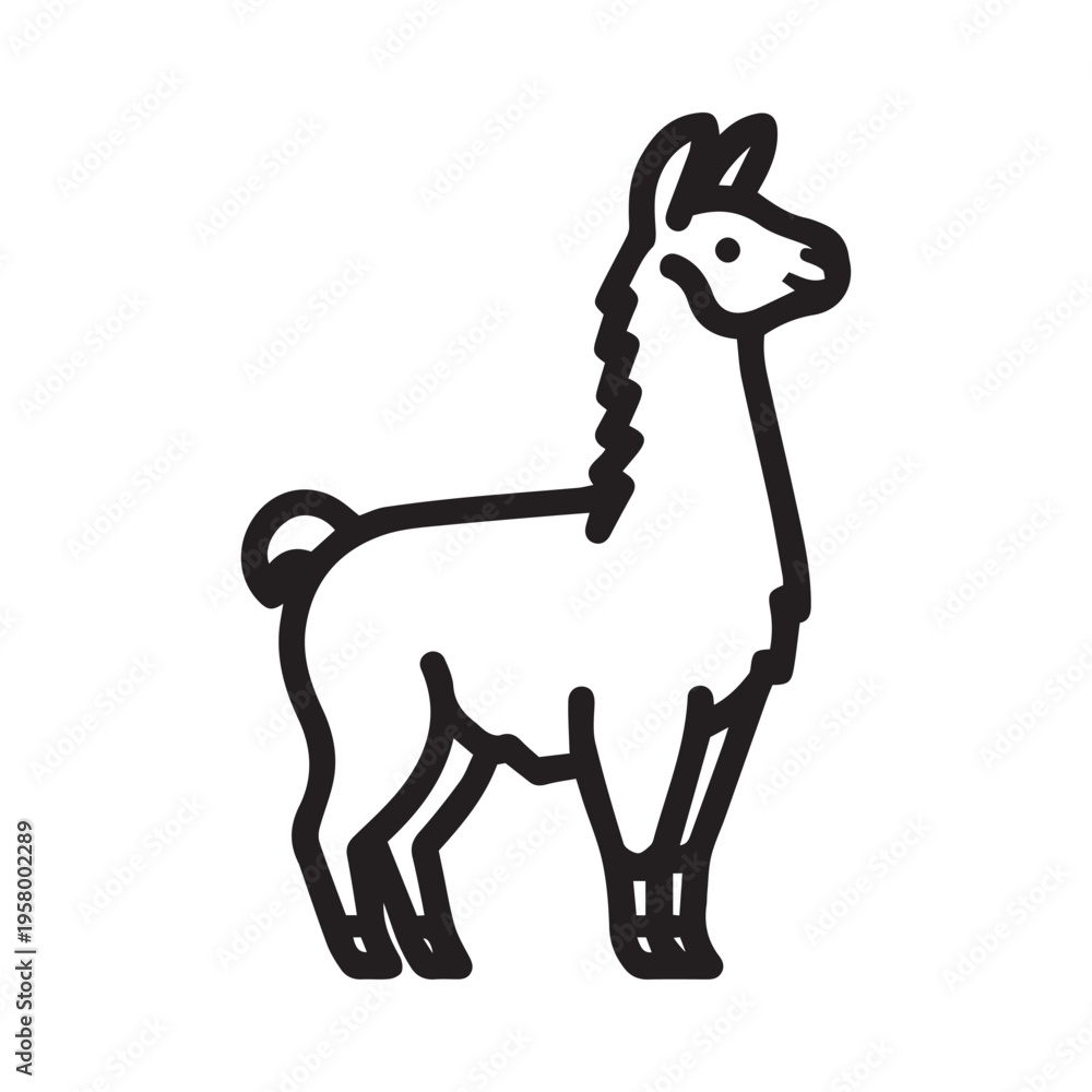 Fototapeta premium A simple line drawing of a llama standing sideways with a fluffy tail and neck isolated on white 