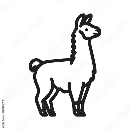 A simple line drawing of a llama standing sideways with a fluffy tail and neck isolated on white
