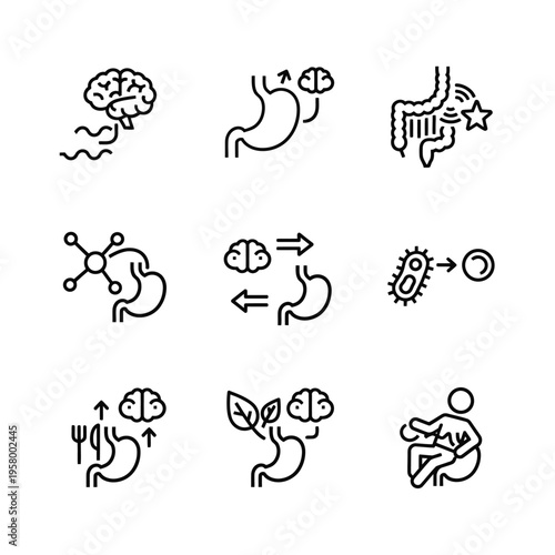 Gut Brain Axis Health and Microbiome Connection Icons.