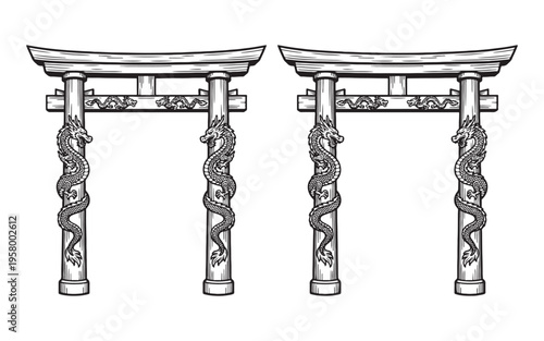 Traditional Chinese Paifang dragon archway gate architectural illustration