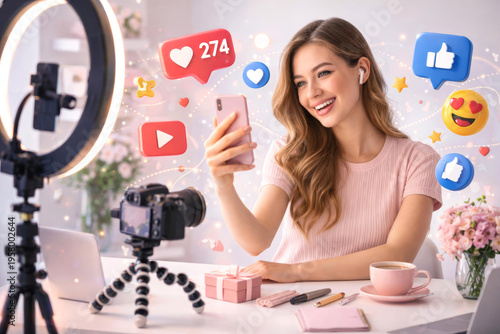 Woman influencer recording video with smartphone and camera for social media. Blogger streaming content with ring light and floating 3D reaction icons.