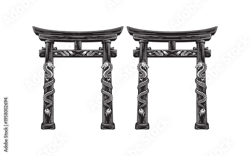 Traditional Chinese Paifang dragon archway gate architectural illustration