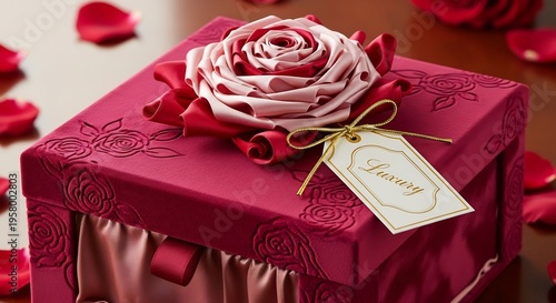 上品で深みのある赤色のギフトボックス 丁寧に作られた優美なバラの飾りが中央で存在感を放つ 柔らかな光が愛と感謝を伝えるロマンチックな輝きを放ち華やかなバラの花びらが散りばめられ特別な瞬間を演出