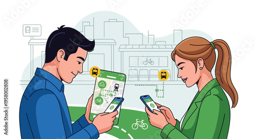 Man and Woman Using Smartphone Apps for City Navigation.