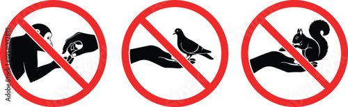Set of prohibition signs showing no feeding animals including monkey, pigeon, and squirrel with red circle and diagonal line