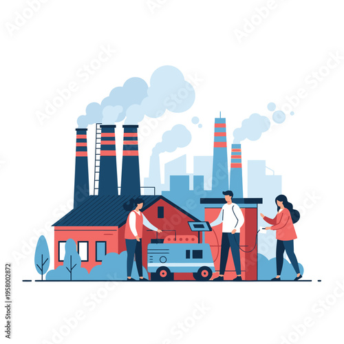 Industrial workers collaborating near factory building.