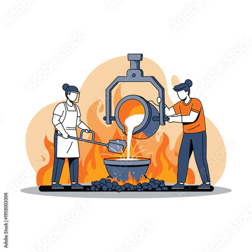 Industrial workers pouring molten metal in a foundry.