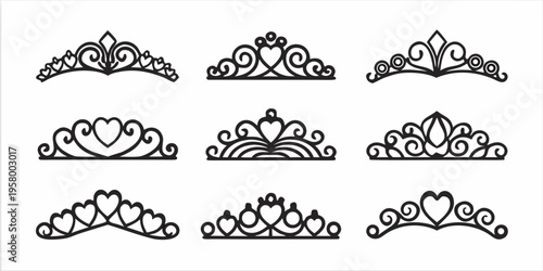 Collection of ornate tiara and crown design elements in black